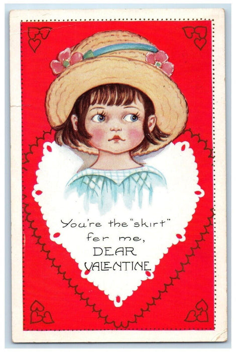 1923 Valentine Girl Bug Hat Flowers Hearts Embossed Posted Vintage Postcard