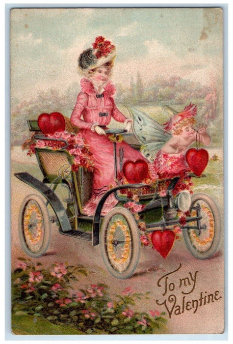 c1910's Valentine Woman Driving Car Flowers Hearts Embossed Nash Posted Postcard