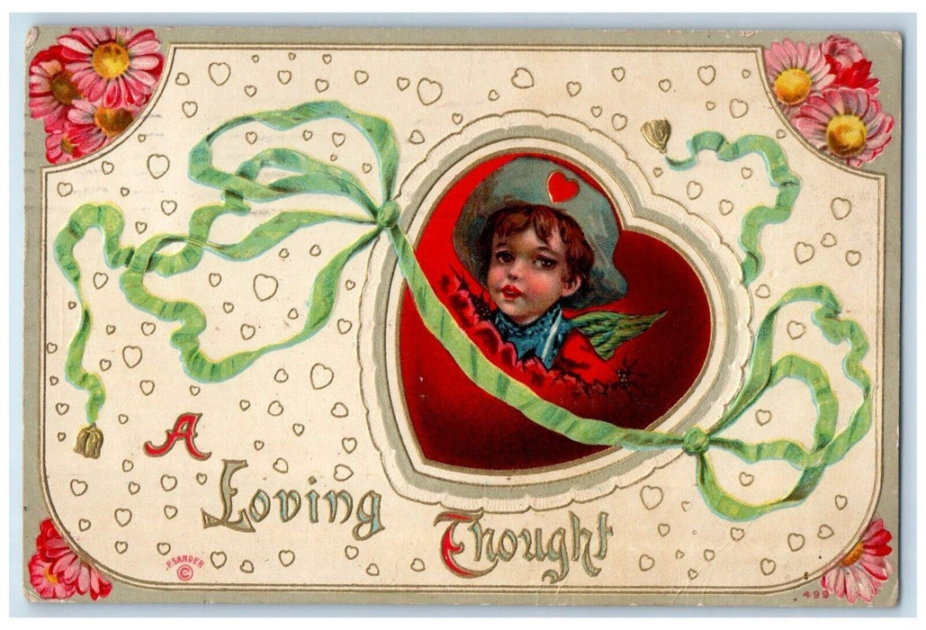 1913 Valentine Loving Thought Hearts Flowers Hartford CT Embossed Postcard