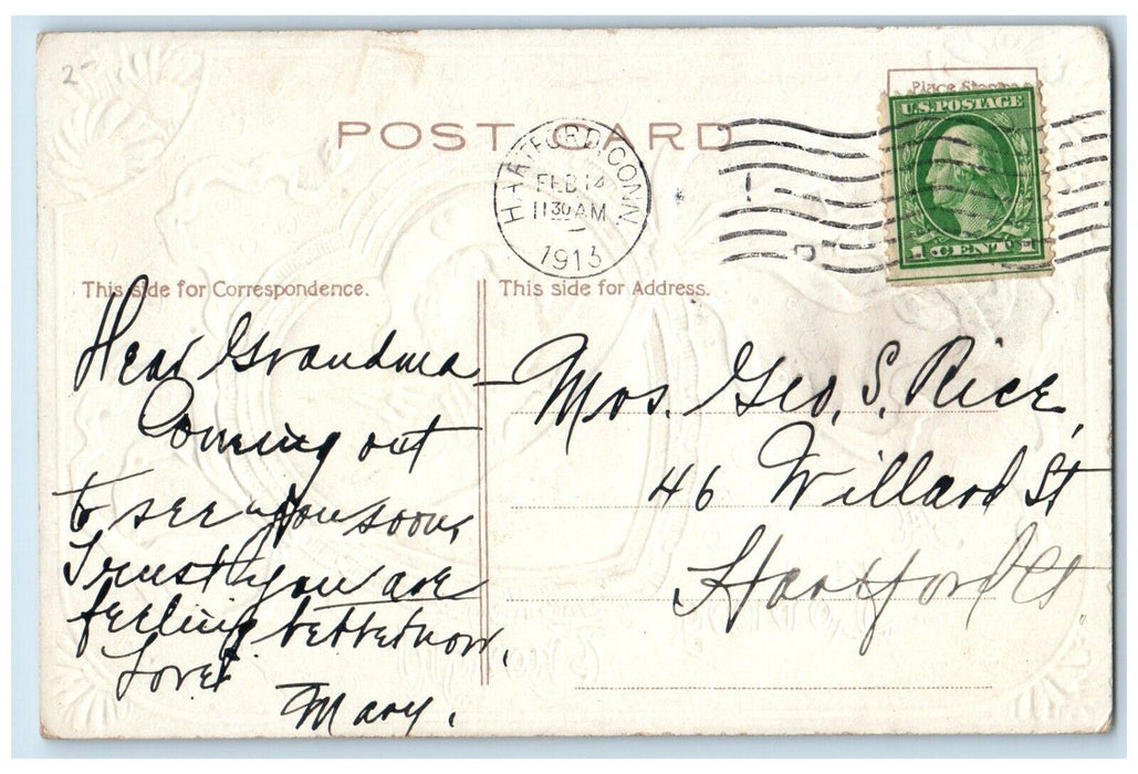 1913 Valentine Loving Thought Hearts Flowers Hartford CT Embossed Postcard