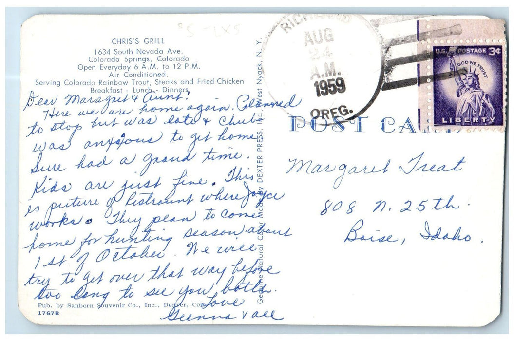 1959  Chris's Grill Restaurant Signage Colorado Springs Colorado CO Postcard