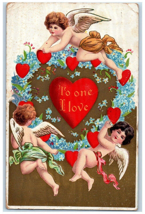 Valentine Angels Cherub Hearts Pansies Flowers Embossed Springfield MA Postcard