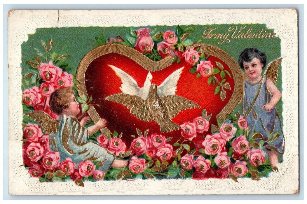 1912 Valentine Cupid Angel Heart Flowers Embossed Springfield MA Posted Postcard