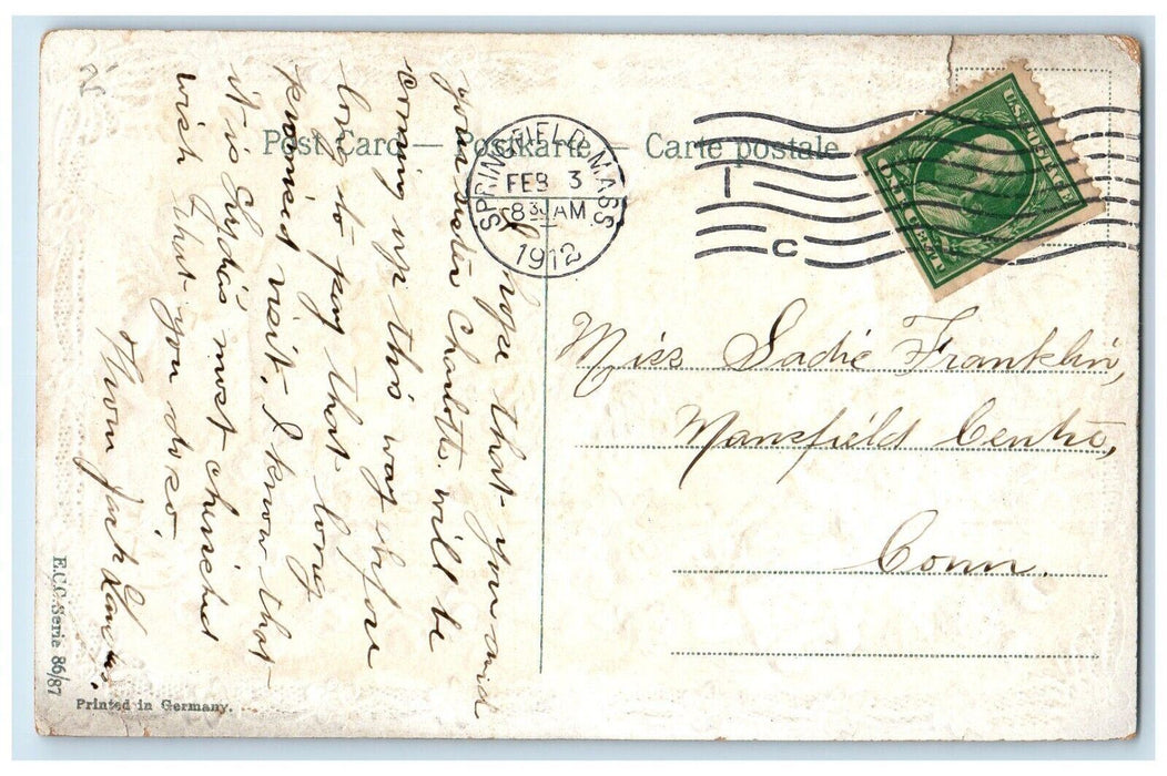 1912 Valentine Cupid Angel Heart Flowers Embossed Springfield MA Posted Postcard