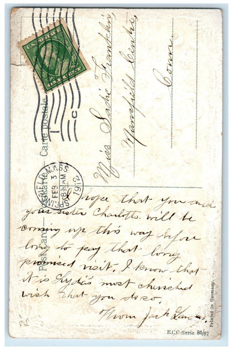 1912 Valentine Cupid Angel Heart Flowers Embossed Springfield MA Posted Postcard
