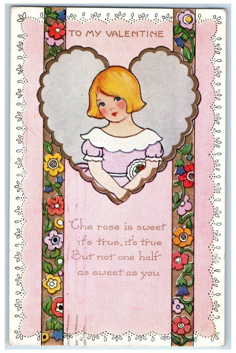 1925 Valentine Heart Girl Motto Flowers Willimantic Connecticut CT Postcard