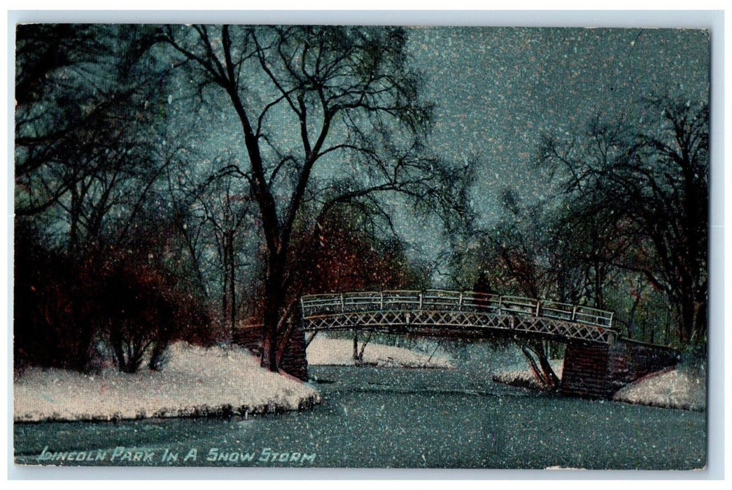 1913 Lincoln Park In Snow Storm Chicago Illinois IL, Bridge Snowfalls Postcard