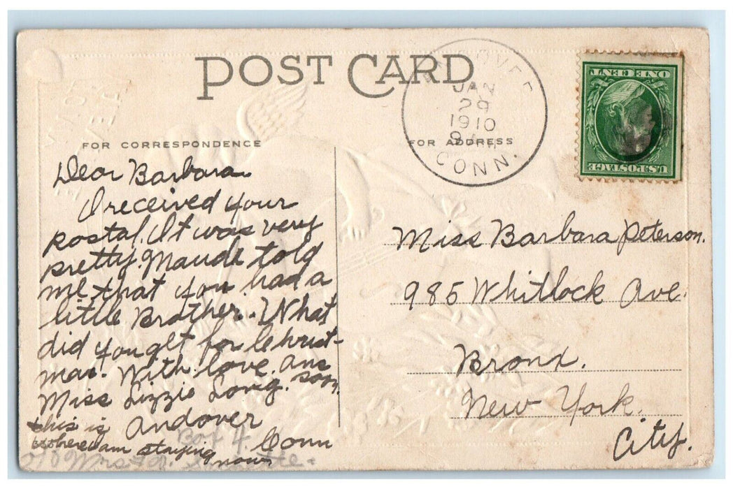 1910 Valentine Cupid Angel Serenade Flowers Andover Connecticut CT Postcard