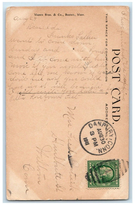 1911 Birds-eye View Of Worcester Massachusetts MA, Danbury CT Antique Postcard
