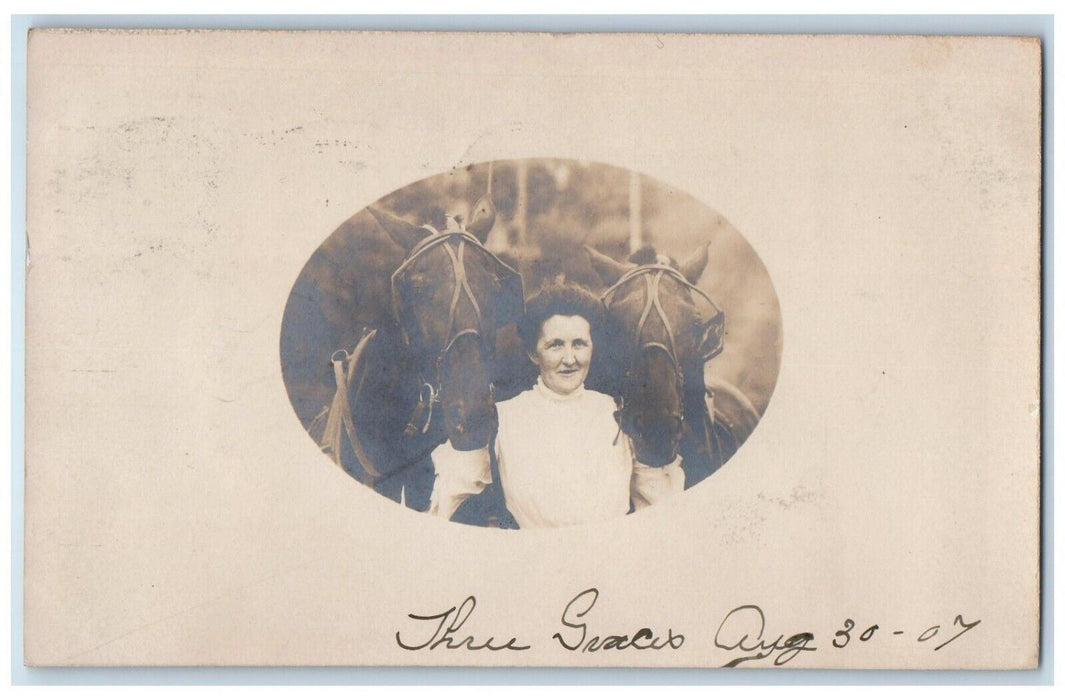 1907 Woman Horses 37 Whitney Place Buffalo New York NY RPPC Photo Postcard