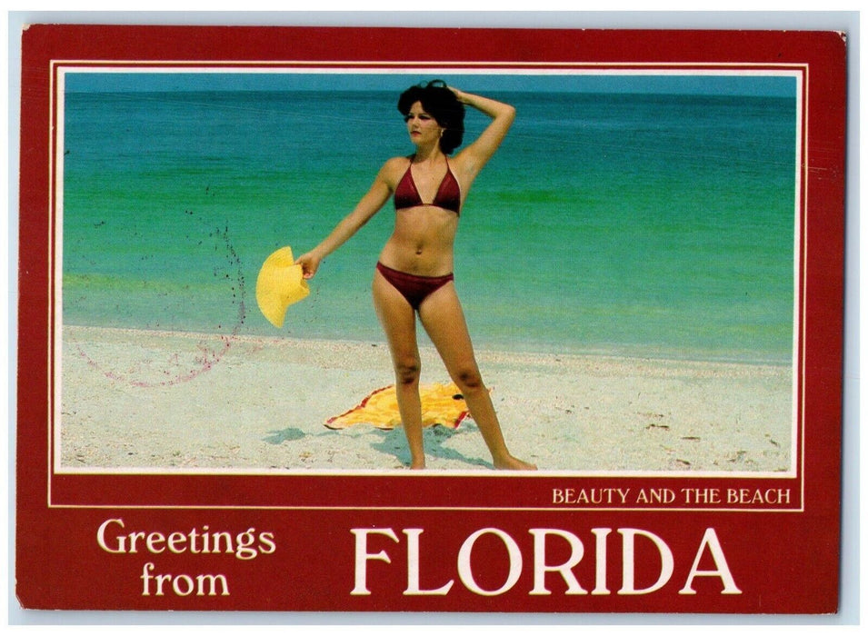 Greetings From Florida FL, Beauty And The Beach Girl Swimsuit Antique Postcard