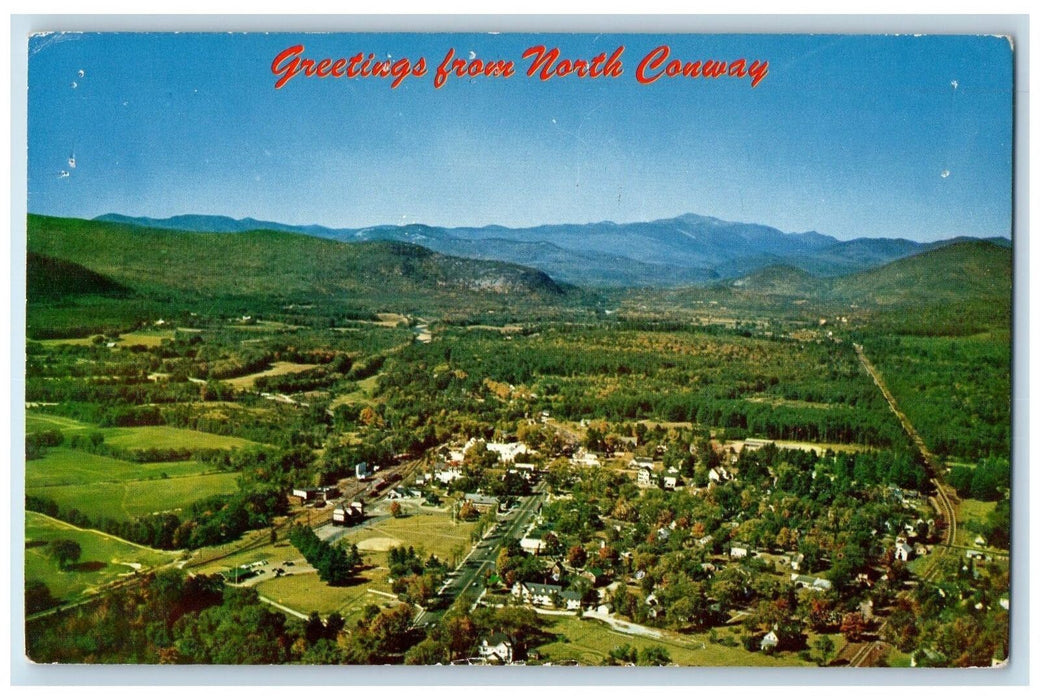 c1950 Greetings From North Conway Aerial View Village New Hampshire NH Postcard