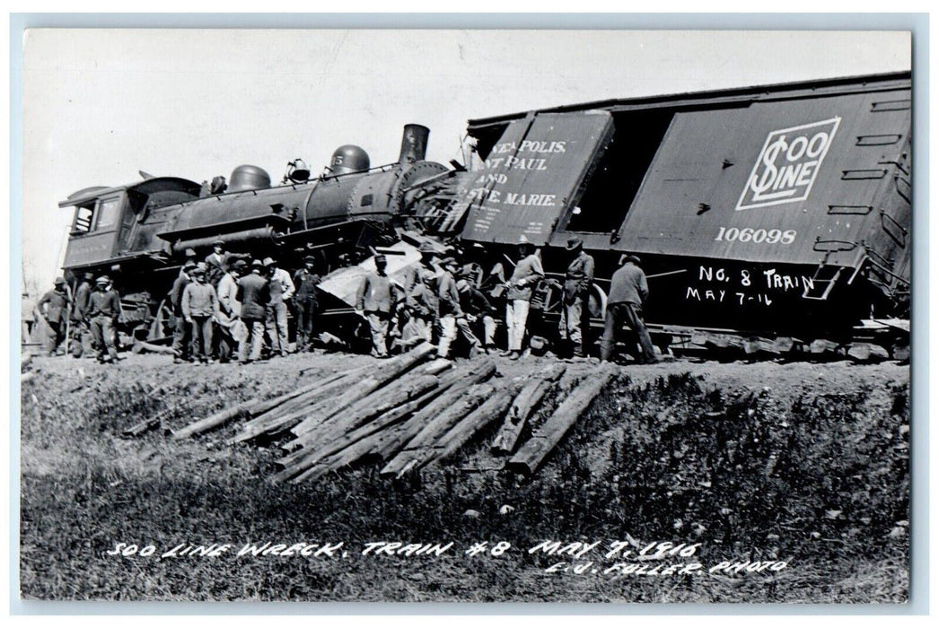 1916 Soo Line Wreck Train Wreck Minnesota MN RPPC Photo Antique Postcard