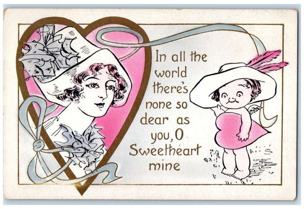 c1910's Valentine Pretty Woman Angel Holding Heart Posted Antique Postcard