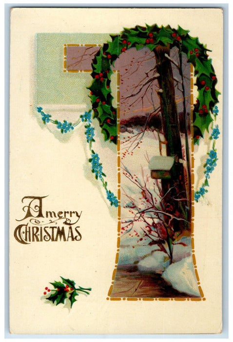 Christmas Holly Berries Wreath Flowers Gel Gold Gilt Posted Antique Postcard