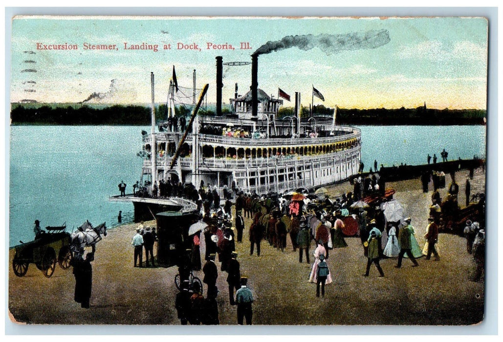 1909 Excursion Steamer Landing At Dock Steamship Carriage Peoria IL  Postcard