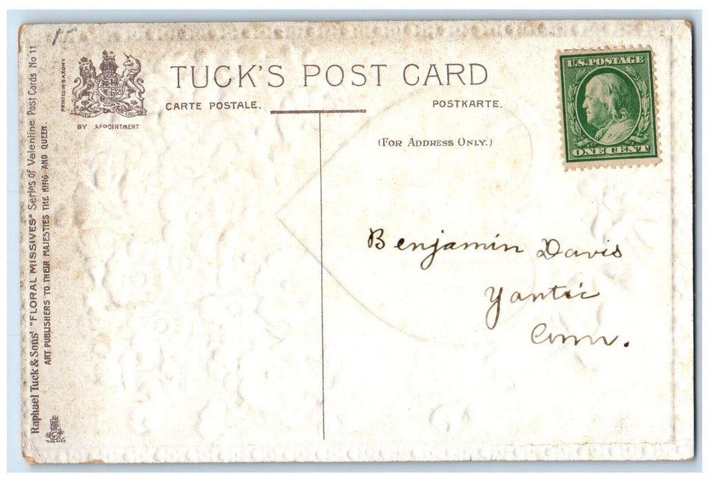 c1910's Valentine Greetings Heart Girl Pansies Flowers Embossed Tuck's Postcard