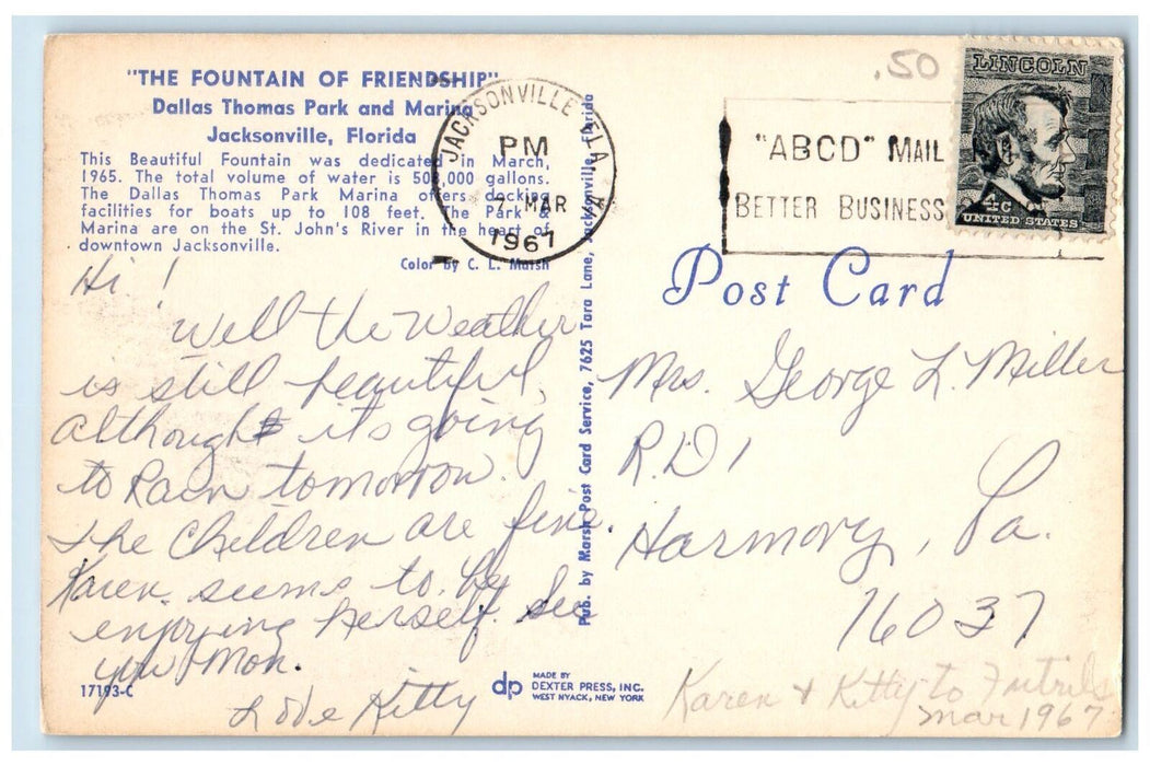 1967 The Fountain Of Friendship Dallas Thomas Park Jacksonville FL Postcard