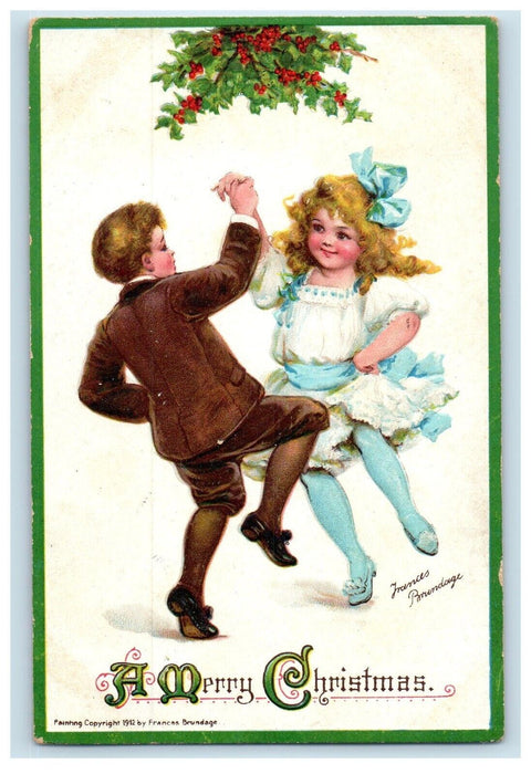 c1910's Merry Christmas Girl And Boy Dancing Holly Brundage Embossed Postcard