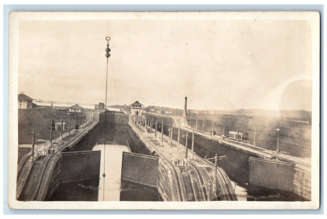 c1910's View Of Canal Locks Panama Light House Antique RPPC Photo Postcard