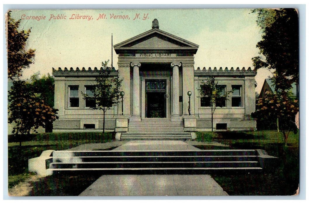 1909 Carnegie Public Library Building Entrance Mount Vernon New York NY Postcard
