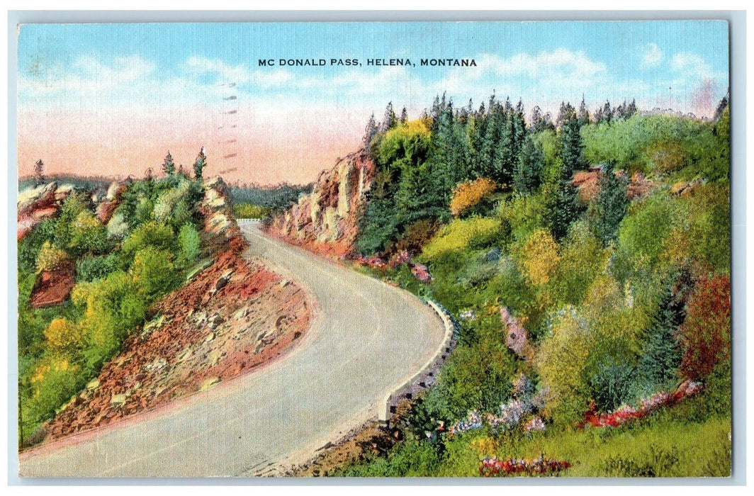 1946 Mc Donald Pass Curve Road Hills Rocky forest Helena Montana MT Postcard