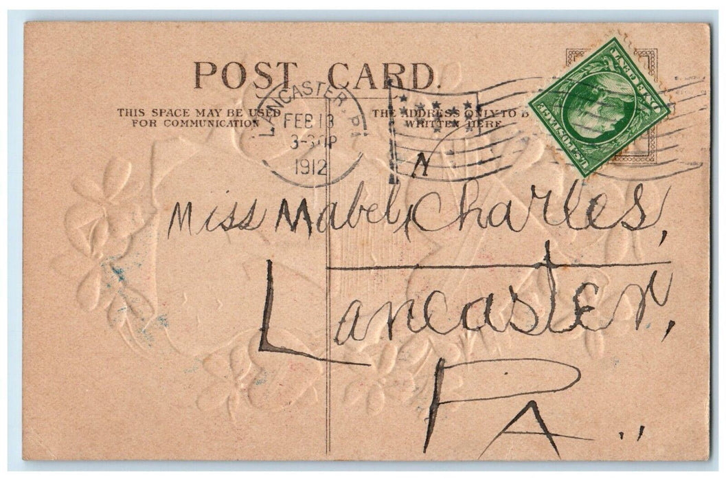 1912 Valentine Heart Flowers Boat Lancaster Pennsylvania PA Embossed Postcard