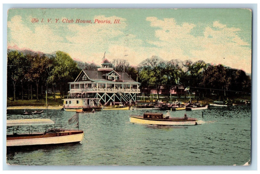 1913 The I.V.Y. Club House Canoeing Scene Peoria Illinois IL Posted Postcard