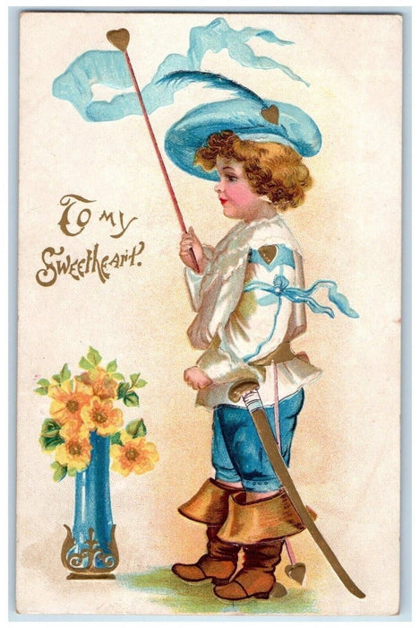 1909 Valentine Sweetheart Colonial Sword Flower Vase Embossed Antique Postcard