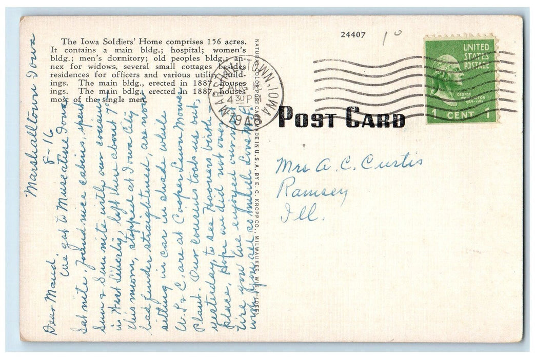 1948 Main Building Soldiers Home Building Entrance Marshalltown Iowa IA Postcard