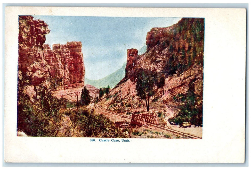 View Of Castle Gate Utah, Rocks Mountains Trail Railroad Scene Vintage Postcard