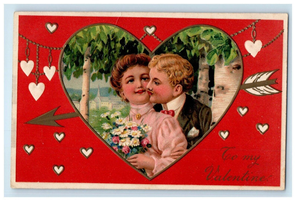 c1910's Valentines Sweet Couple Kissing Hearts Arrows Embossed Germany Postcard