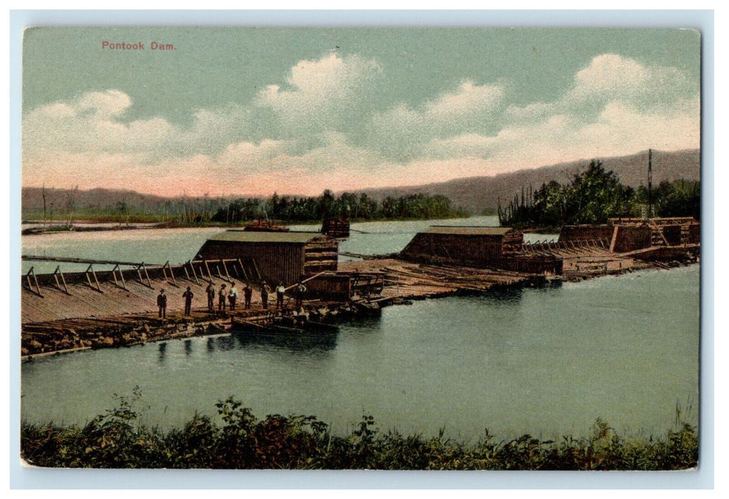 c1910 Men and Boat Scene at Dock Pontook Dam NH Unposted Antique Postcard