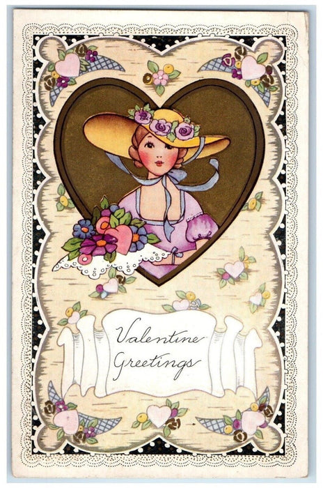 c1920's Valentine Greetings Heart Pretty Woman Big Hat Embossed Antique Postcard