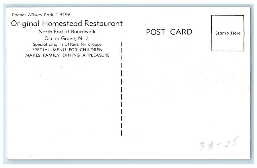 c1960s Original Homestead Restaurant Ocean Grove New Jersey NJ Unposted Postcard