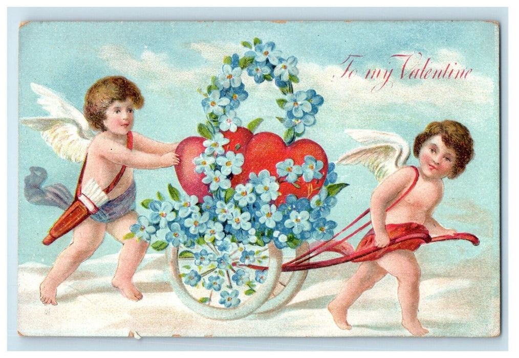 1909 Valentines Angel Cherub Cupid Pulling Cart Heart Flowers Embossed Postcard