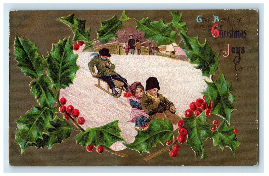 c1910's Merry Christmas Childrens Sled Holly Berries Embossed Antique Postcard