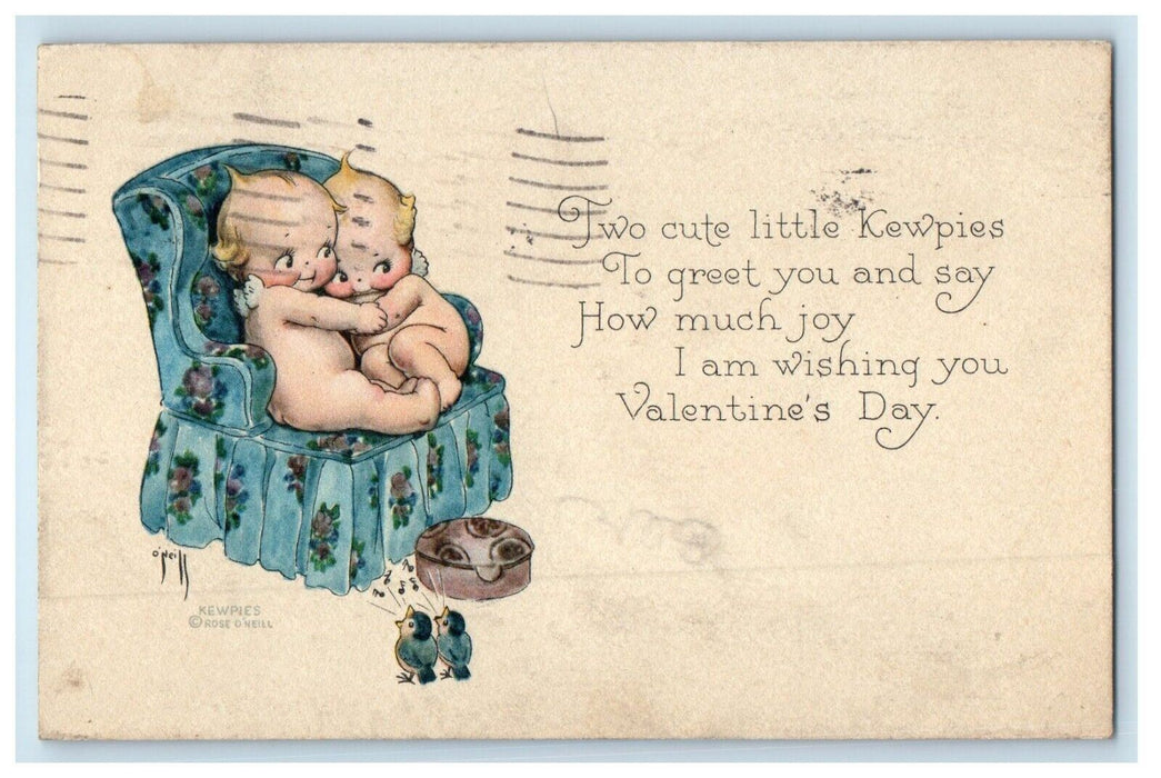 1926 Valentines Two Cute Little Kewpies Hugging Chair Bare Butt Vintage Postcard