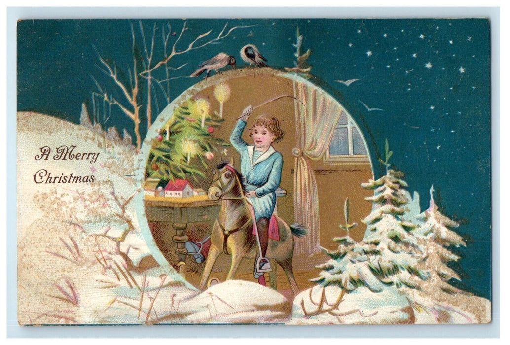 c1910's Merry Christmas Candles Pine Trees Covered Snow Rocking Horse Postcard