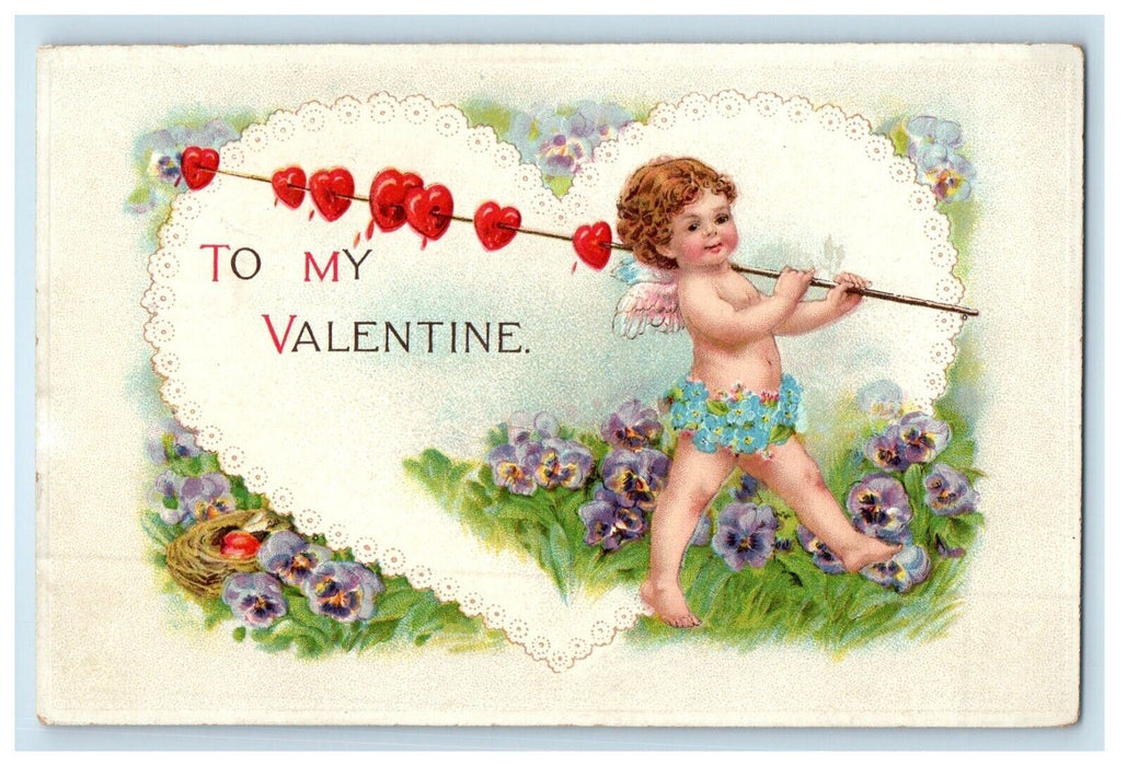 1911 Valentines Angel Cupid Pansies Cupid Skewering Hearts Embossed Postcard