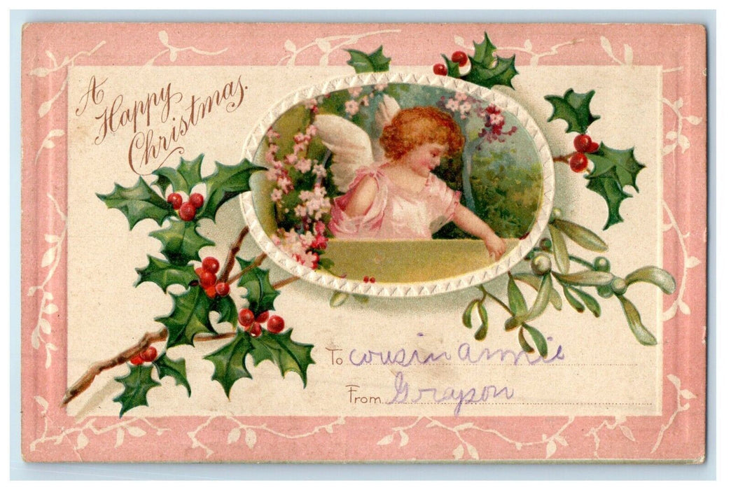1911 Christmas Holly Angel Cherub Flowers Holly Clapsaddle (?) Embossed Postcard