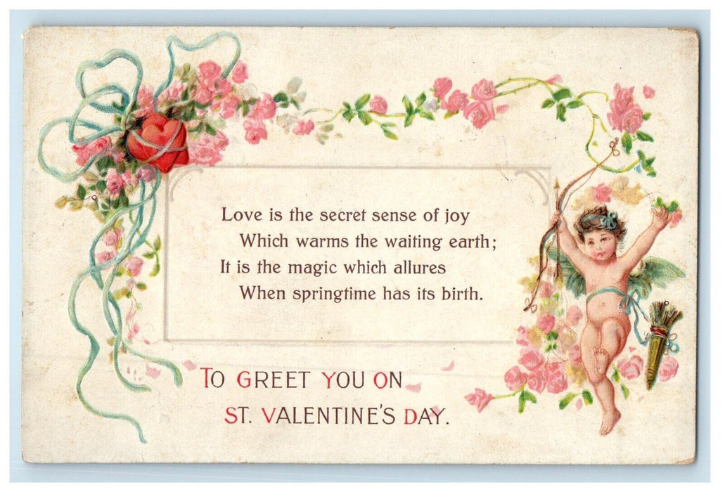 c1910's Valentines Angel Cupid Bow Arrow Flowers And Hearts Embossed Postcard