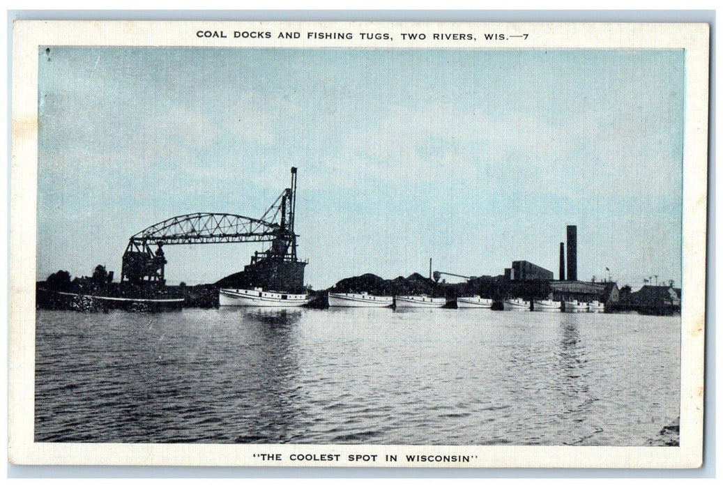 c1940 Coal Docks & Fishing Tugs Boats Two Rivers Wisconsin WI Vintage Postcard