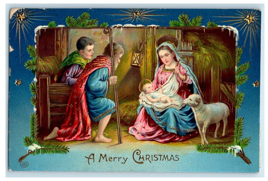 1909 Merry Christmas Pine Lamb Religious Gel Gold Gilt Embossed Postcard
