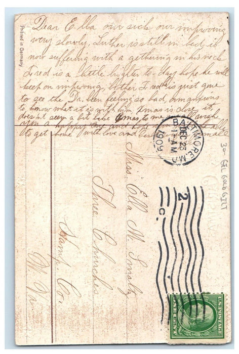 1909 Merry Christmas Pine Lamb Religious Gel Gold Gilt Embossed Postcard