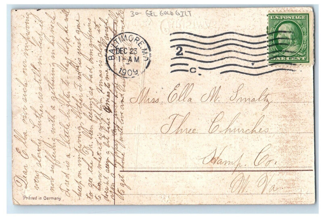 1909 Merry Christmas Pine Lamb Religious Gel Gold Gilt Embossed Postcard