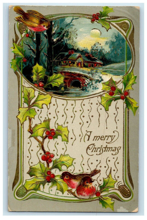 Christmas Holly Berries Bird House Winter River Gel Gold Gilt Embossed Postcard