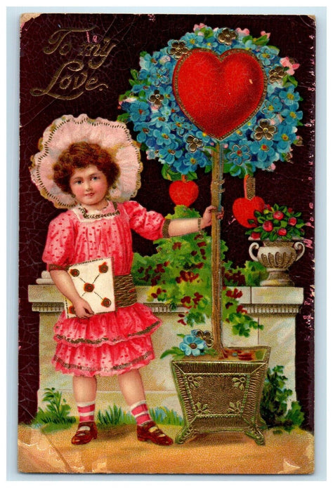 c1910's Valentines Girl Heart And Potted Pansies Flowers Gel Gold Gilt Postcard
