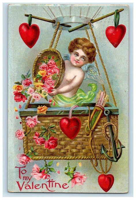 1912 Valentine Hot Air Balloon Angel Cupid Throwing Flowers Hearts Postcard