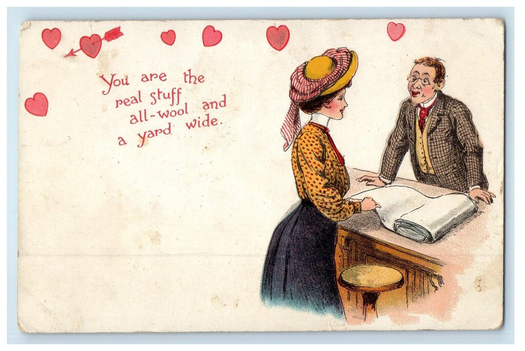 1908 Valentines Girl At General Store Salesman Hearts Posted Antique Postcard